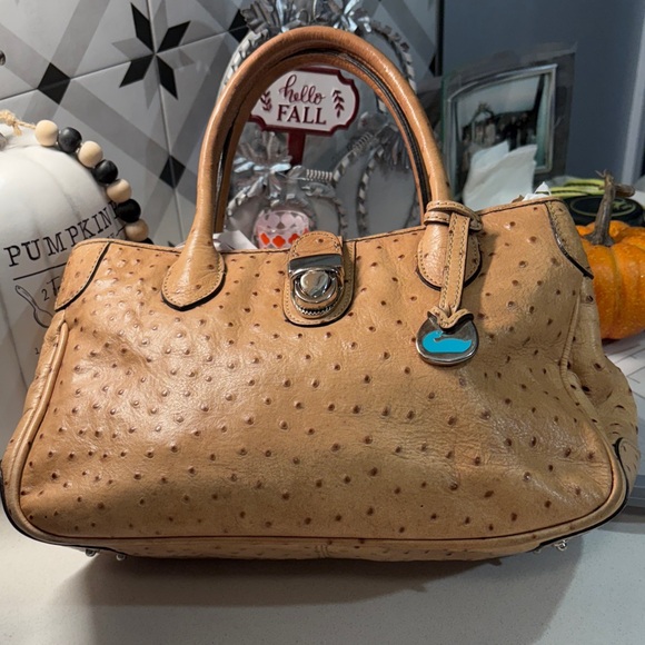 Dooney & Bourke Vintage Ostrich-Embossed Tan Satchel - Picture 1 of 8